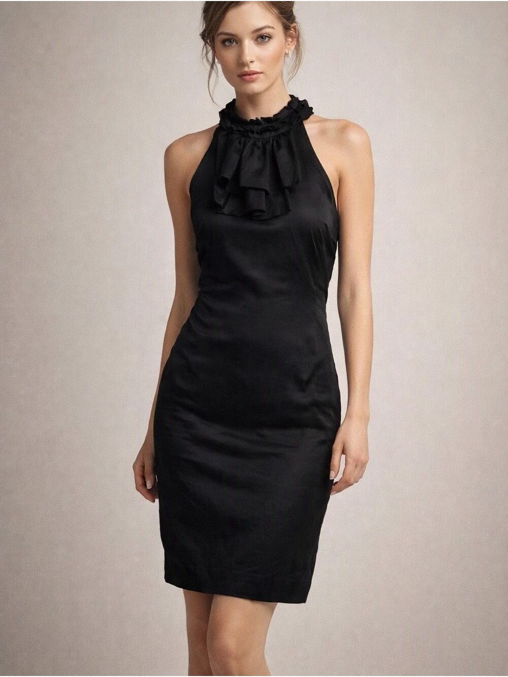 Vintage Jacob 100% Silk Black SleevelessRuffle Halter Cocktail Dress. 2